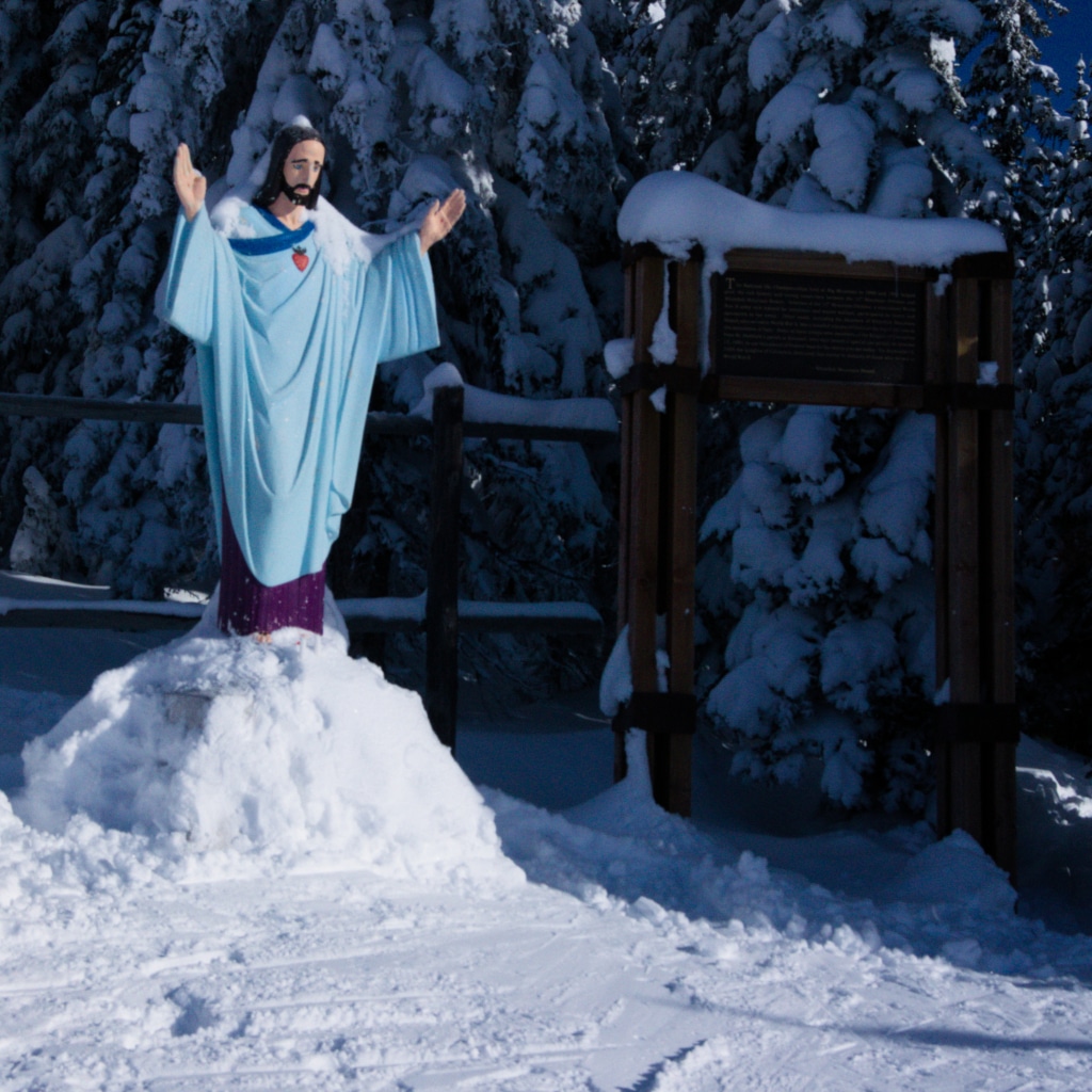 The Statue of Jesus at the top of Ed's Run at Whitefish Mountain Resort